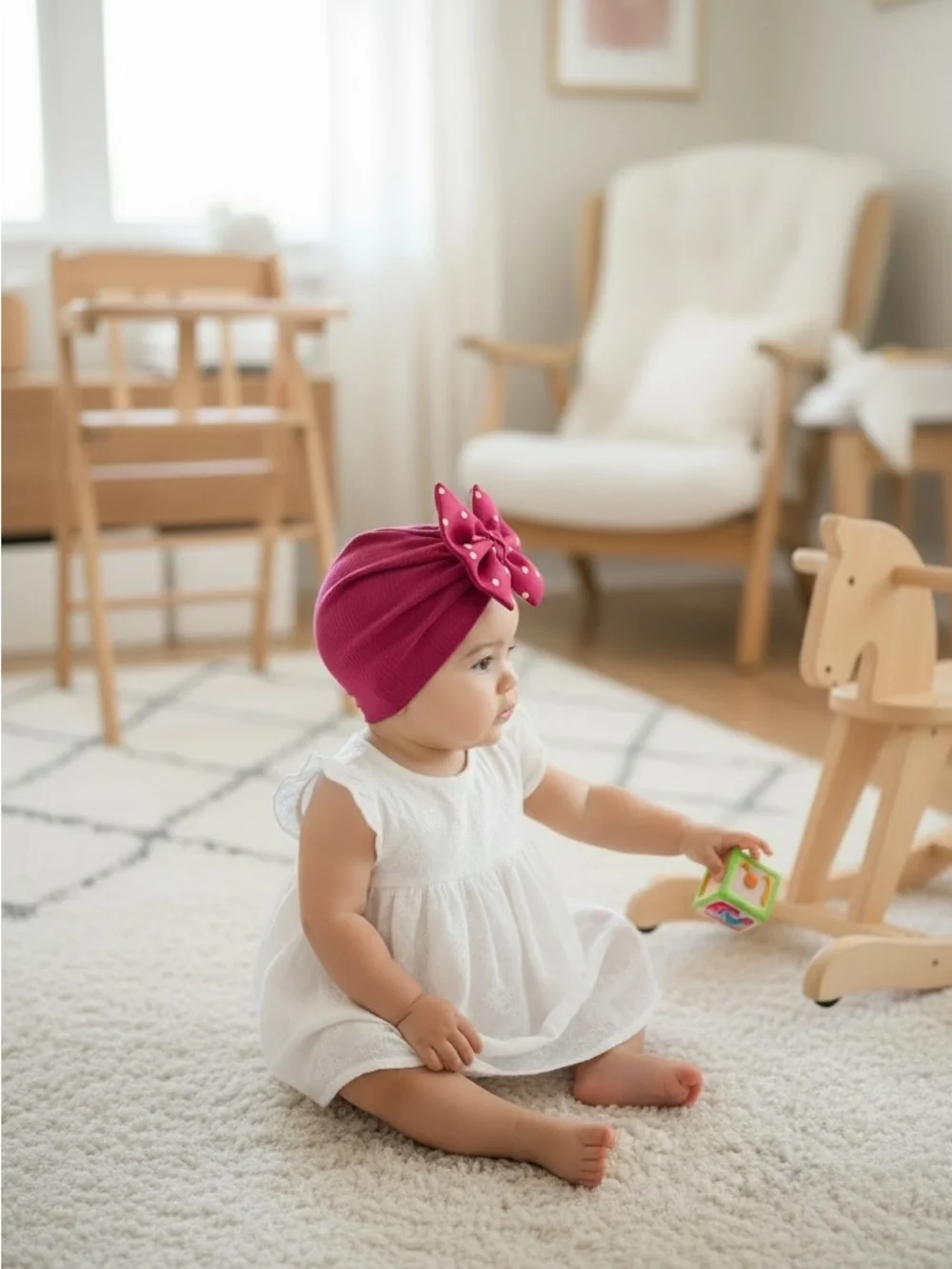 Magenta Pink Ribbed Baby Turban Gold Polka Dot Bow Headband